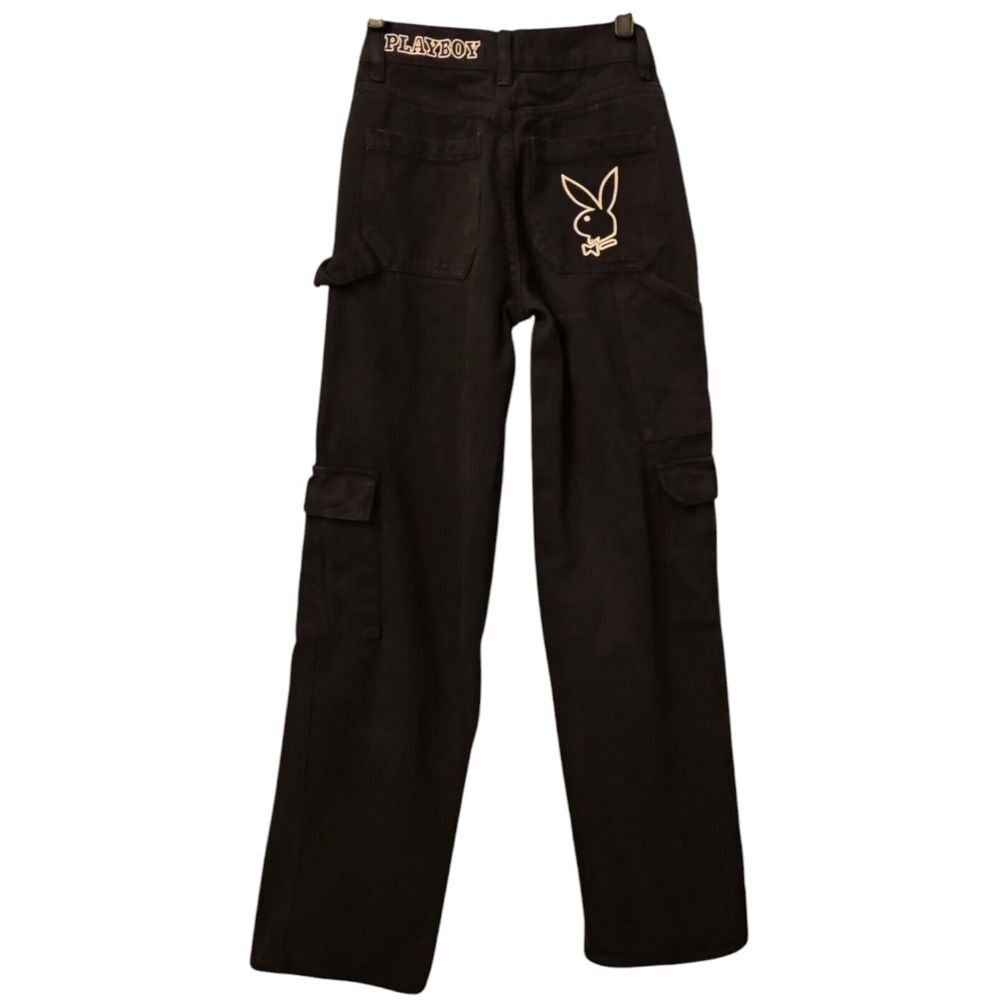 Playboy‎ by Pacsun Womens 24 Denim Jeans Black Cargo Carpenter Embroidered Baggy
